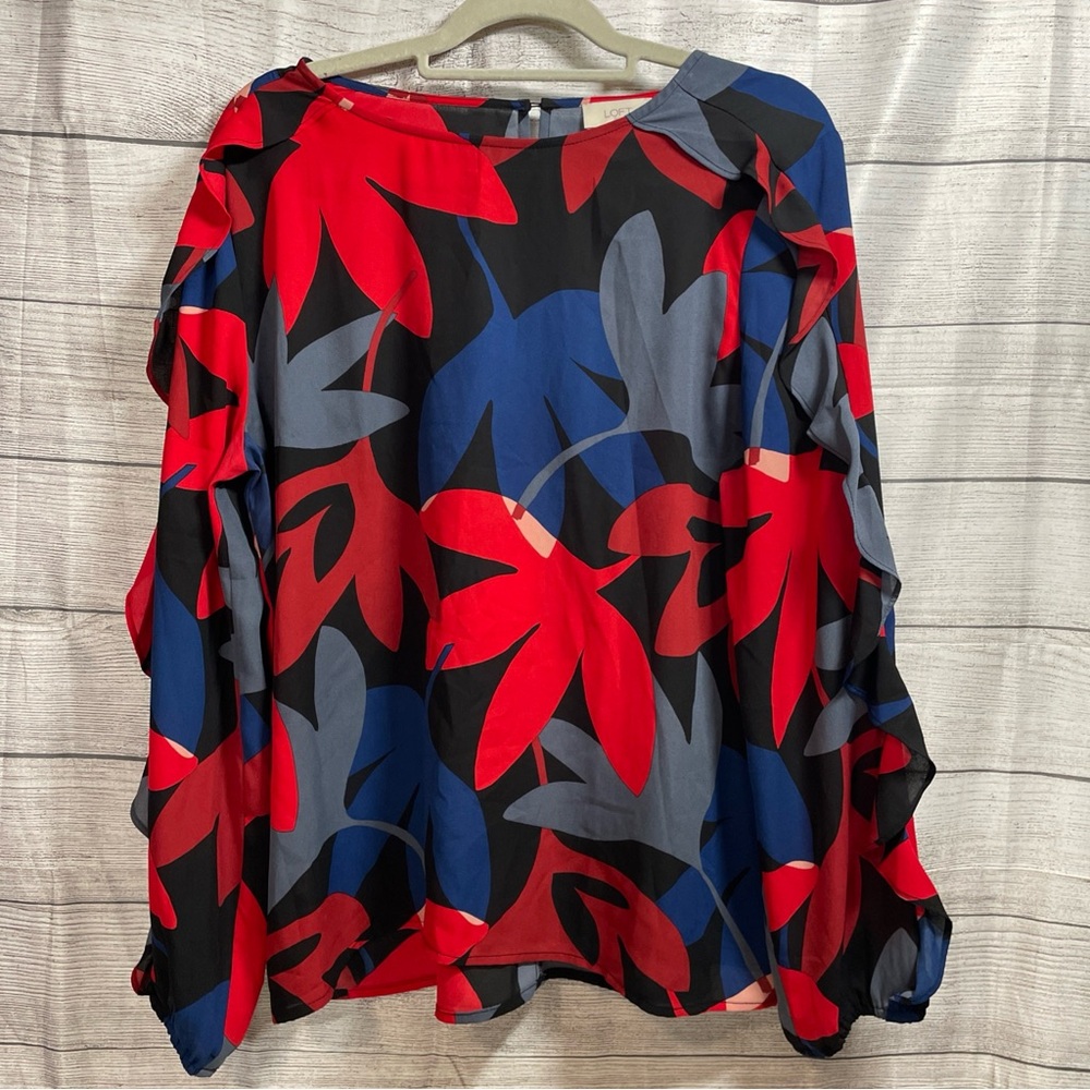 LOFT red/blue floral size large.‎ Flower ruffle sleeves - Picture 2 of 6